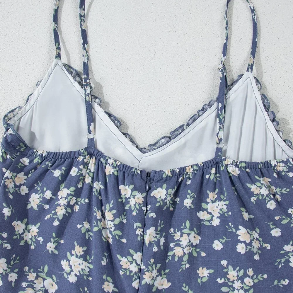 B266 Blue Floral Spaghetti Strap Frilled V Neck Tiered Midi Dress - Picture 14 of 16